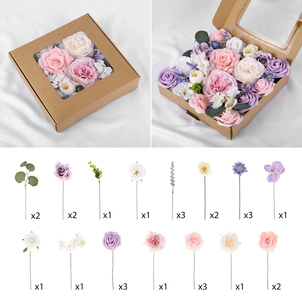Collage of artificial flowers in a box and individual stems with quantity labels.