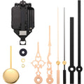 Quartz pendulum clock movement kit with pendulum, hands, and hardware on a white background.