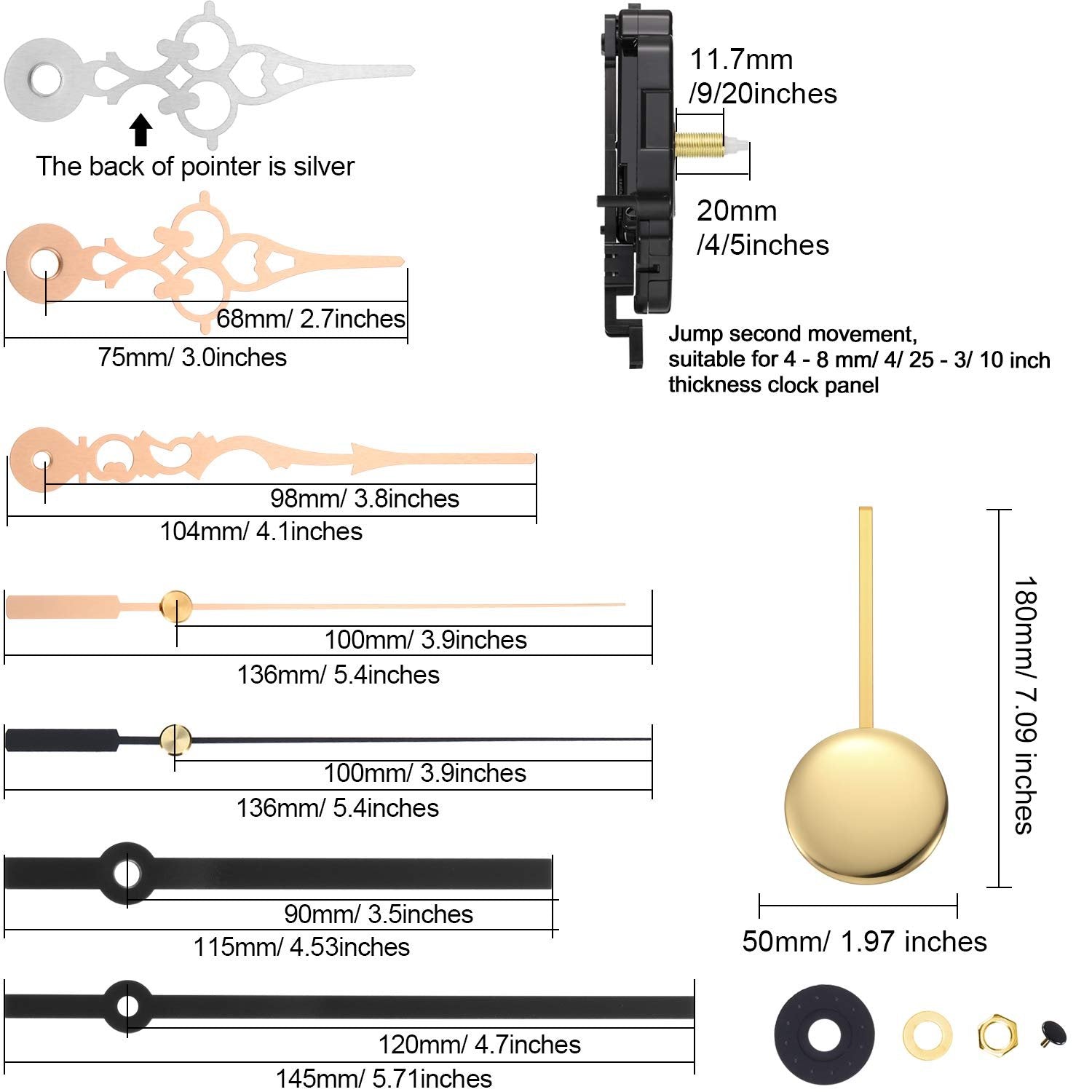 Clock movement kit with various hands and pendulum, showing dimensions and specifications.