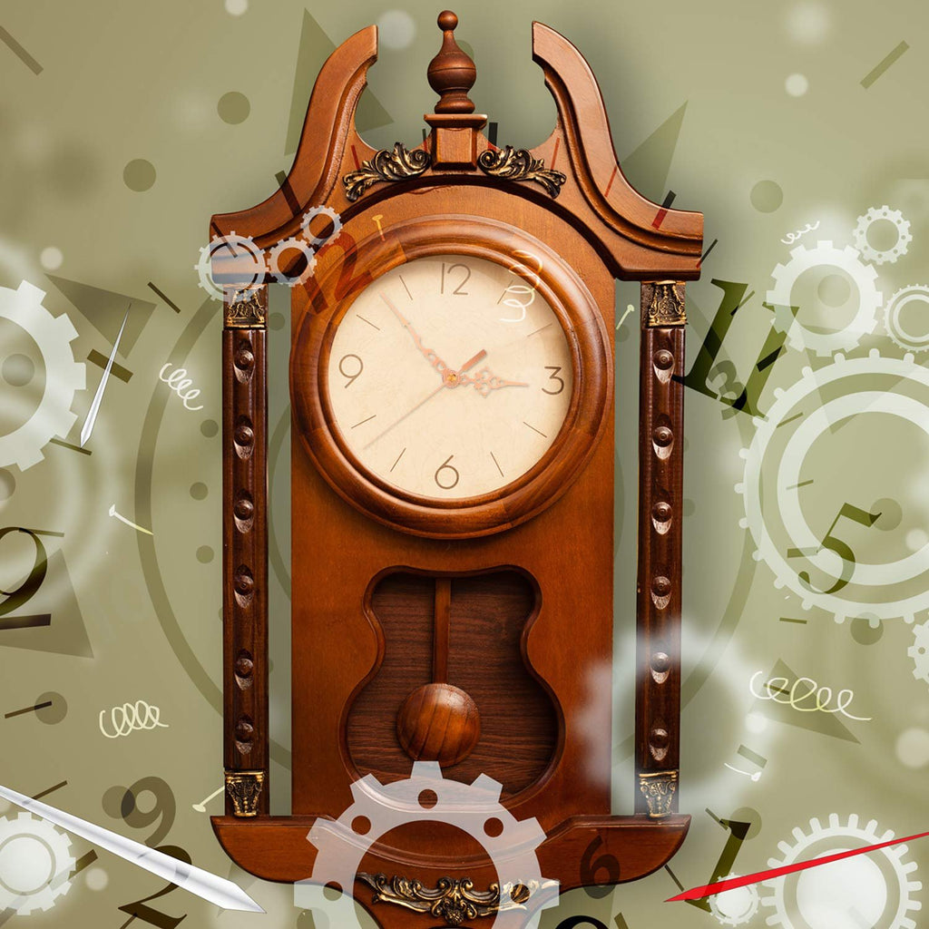 Antique wooden pendulum clock with cream face and ornate hands, set against a background of clock gears and numbers.