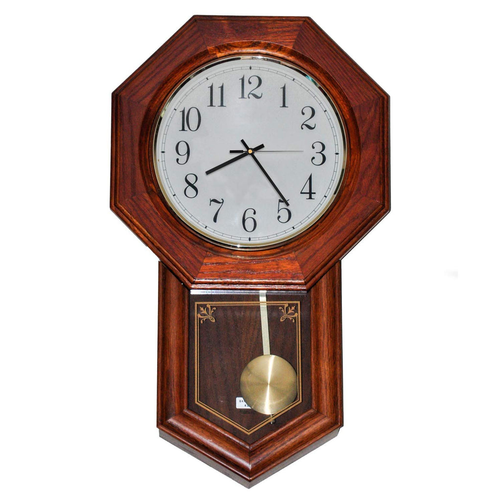 Octagonal wooden wall clock with a white face, black numbers, and pendulum swinging below