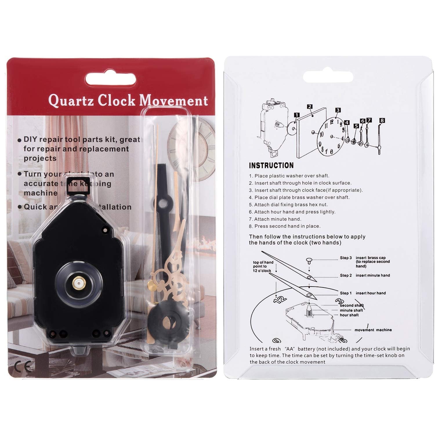 Quartz clock movement kit with black mechanism and gold hands in packaging, with instructions on the right.