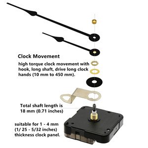 Quartz clock movement mechanism with hands and hardware, showing shaft length and panel thickness suitability.
