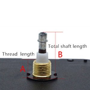 Quartz clock movement mechanism showing thread length A and total shaft length B with measurement lines.