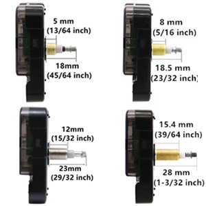 Four quartz clock movement mechanisms shown from the side with shaft length measurements in mm and inches.