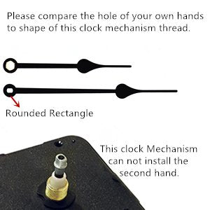 Clock mechanism with two example hands showing shaft shapes and a close-up of the mechanism's shaft.