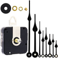 Quartz clock movement mechanism with four black hands and mounting hardware on a white background.