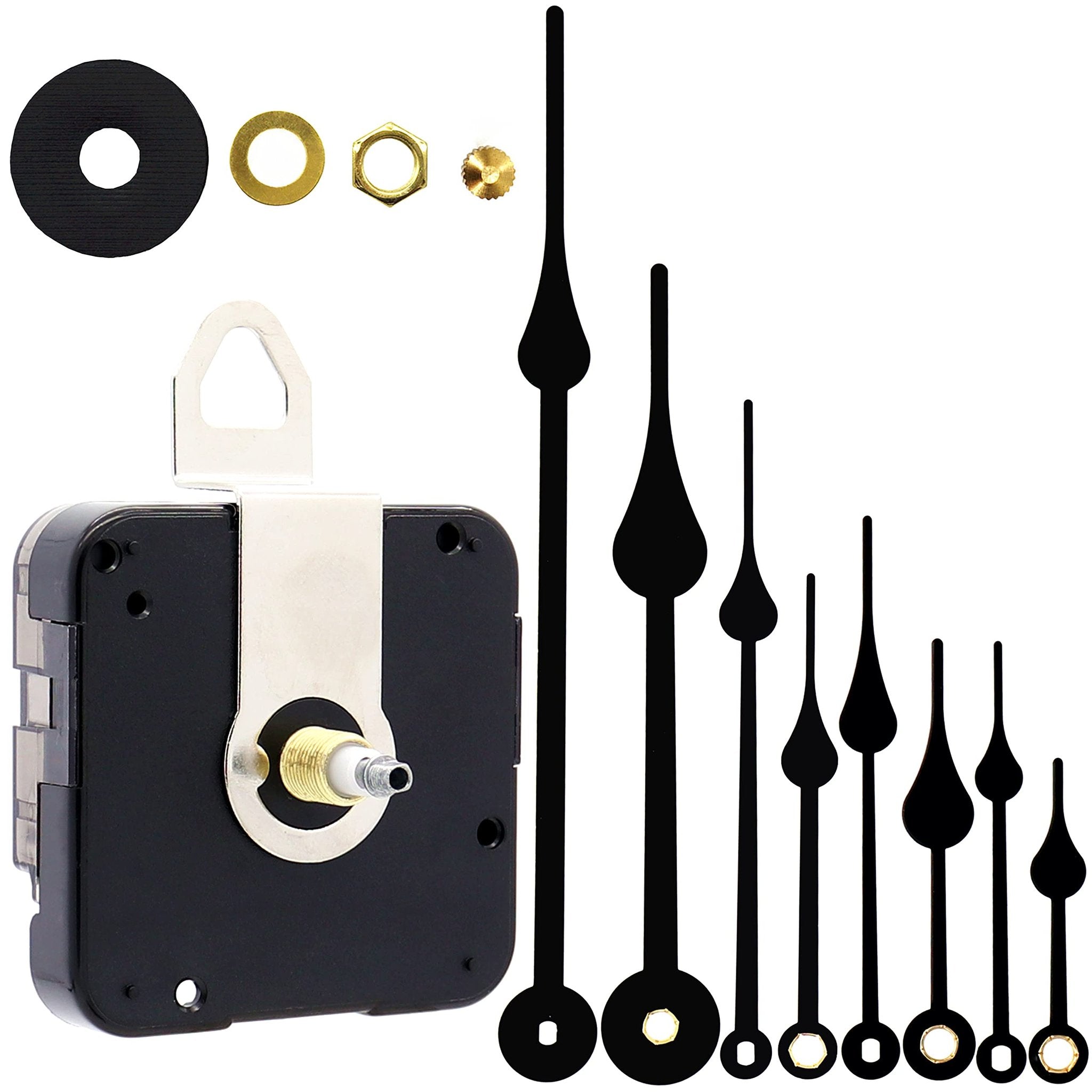 Quartz clock movement mechanism with four black hands and mounting hardware on a white background.