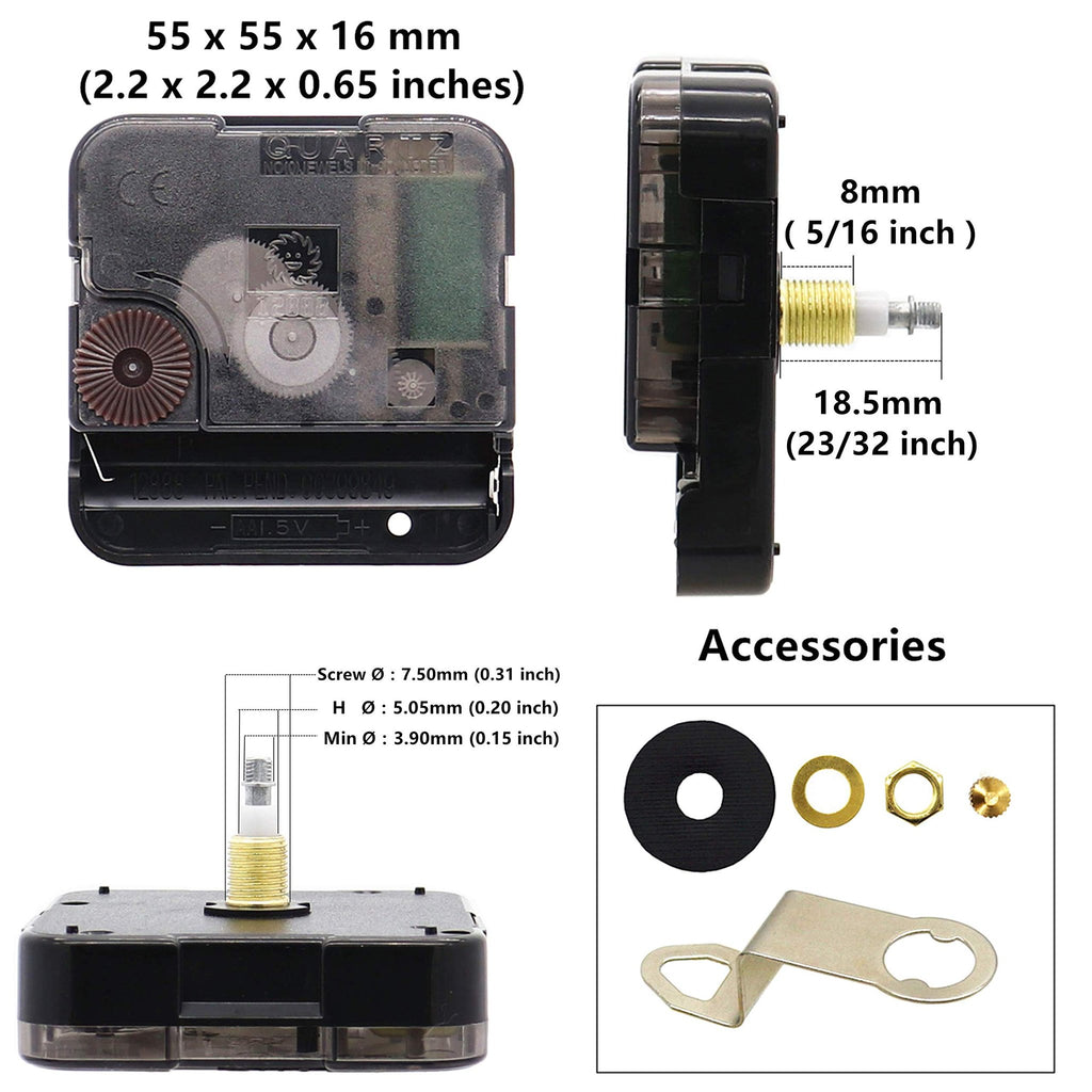 Quartz clock movement mechanism with dimensions and accessories shown, including hands and hardware.