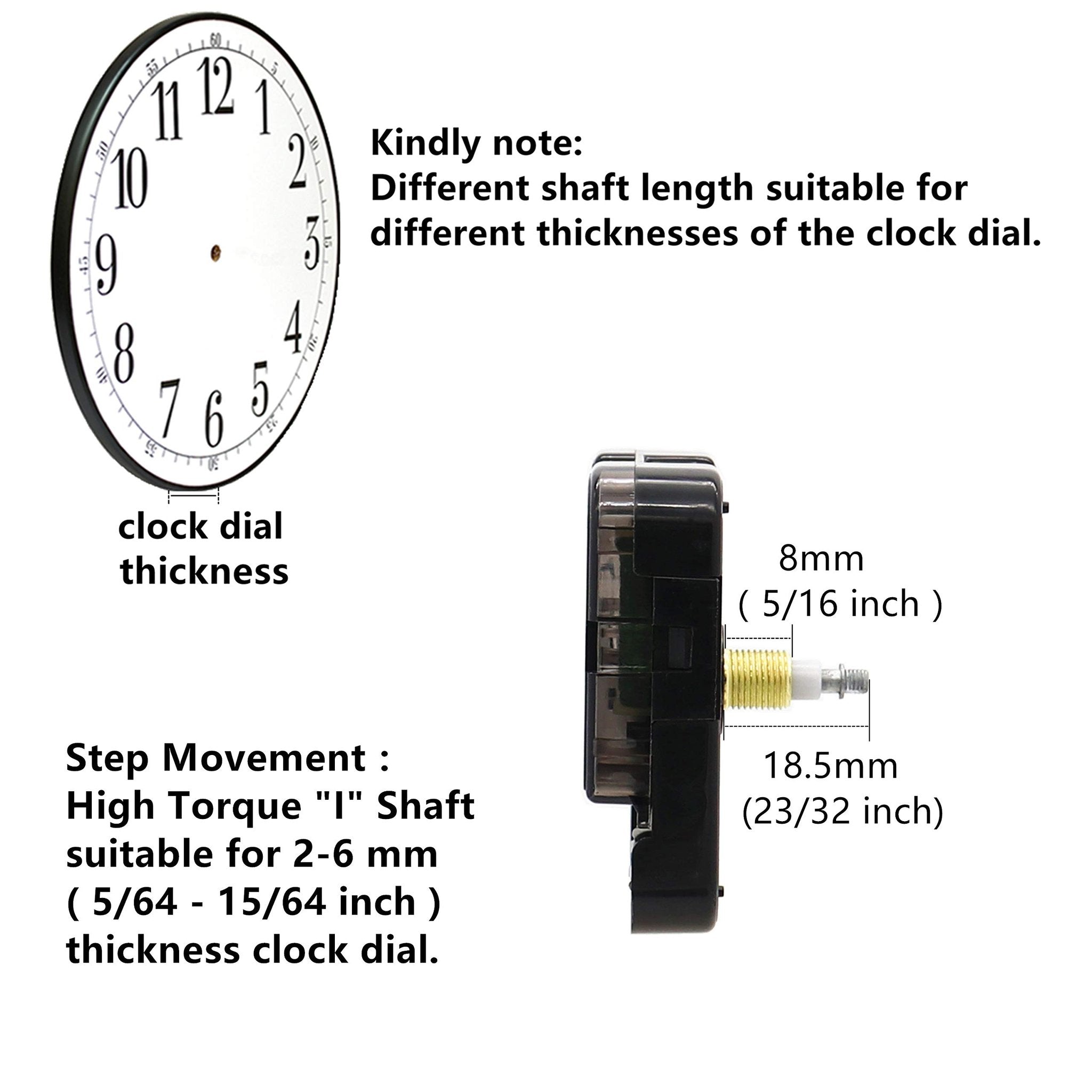 Quartz clock movement mechanism with shaft dimensions and clock dial thickness illustration