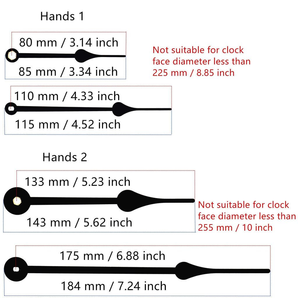 Clock hands of various sizes with measurements and suitability notes for clock face diameter