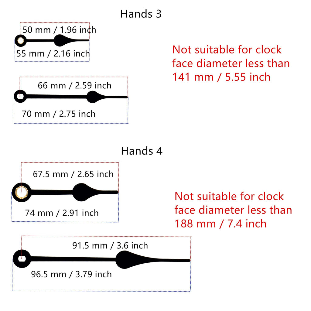 Clock hands with dimensions and suitability notes for clock face diameter