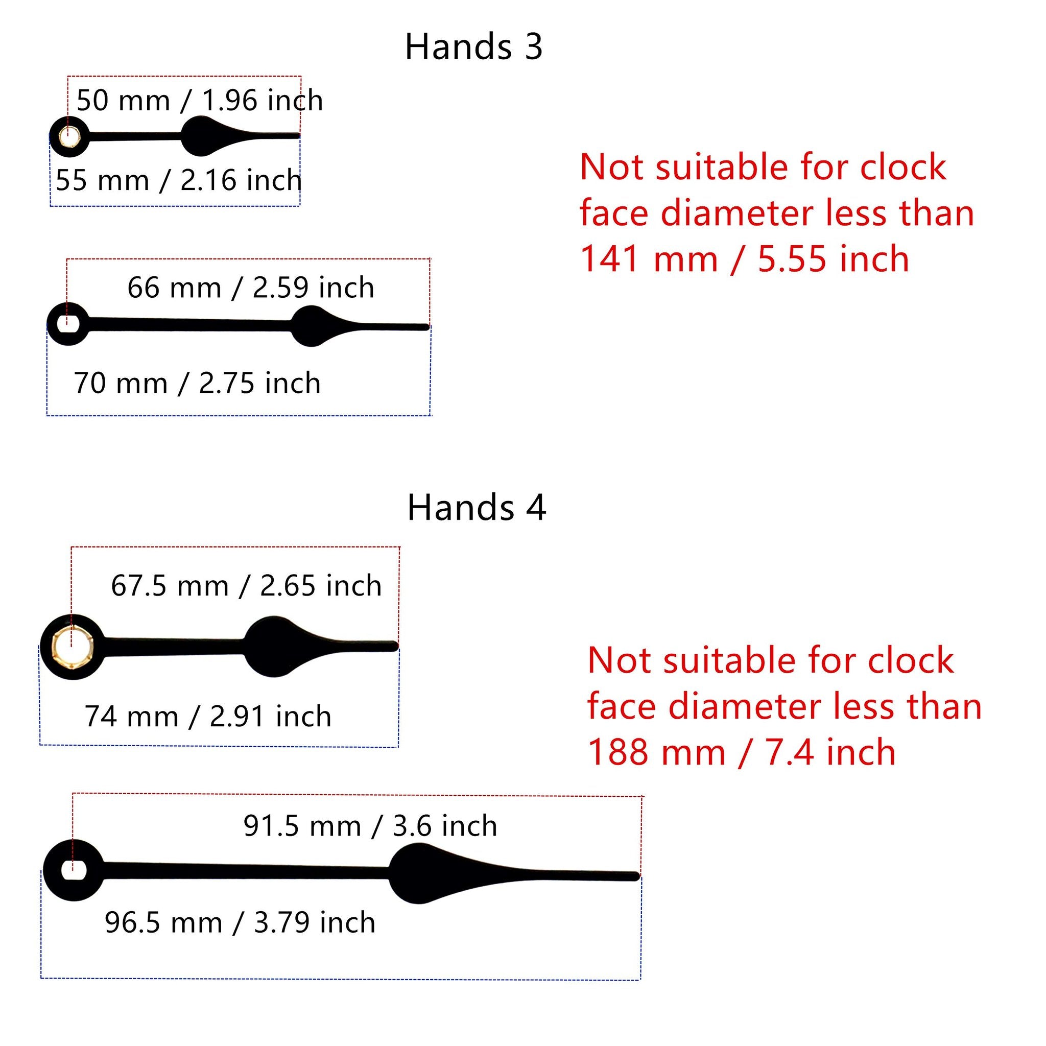 Clock hands with dimensions and suitability notes for clock face diameter
