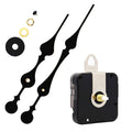 Quartz clock movement mechanism with black hour and minute hands, and hardware on a white background.