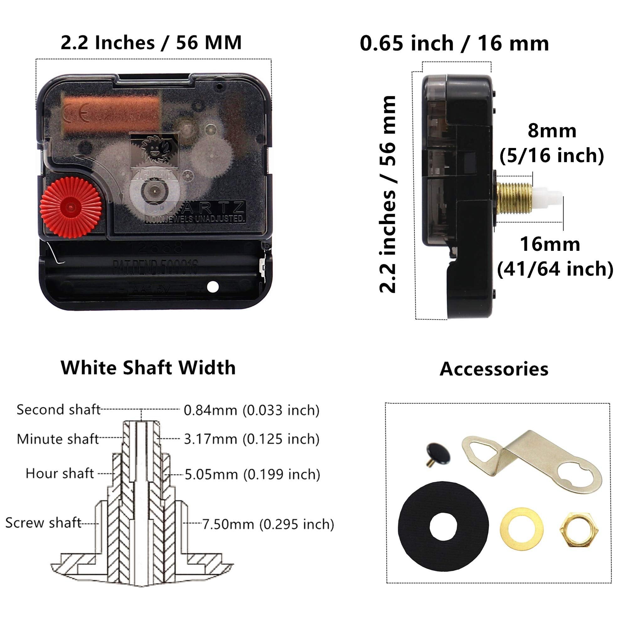 Quartz clock movement mechanism with dimensions and shaft width diagram, plus accessories.