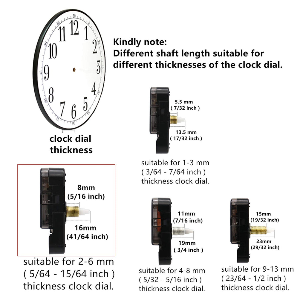Quartz clock movement mechanism with multiple shaft lengths and dial thickness compatibility chart. Includes clock face graphic.