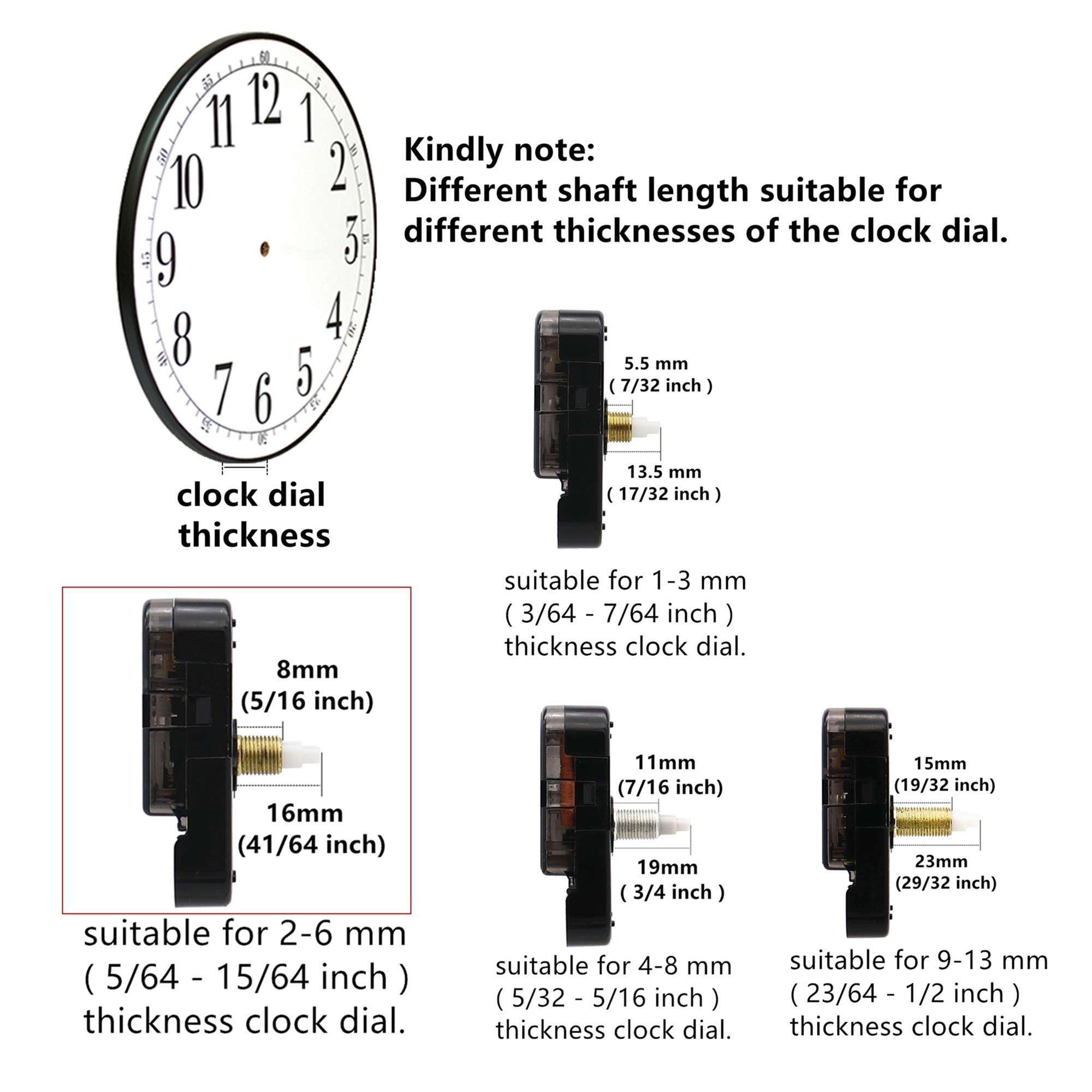 Quartz clock movement mechanism with multiple shaft lengths and dial thickness compatibility chart. Includes clock face graphic.