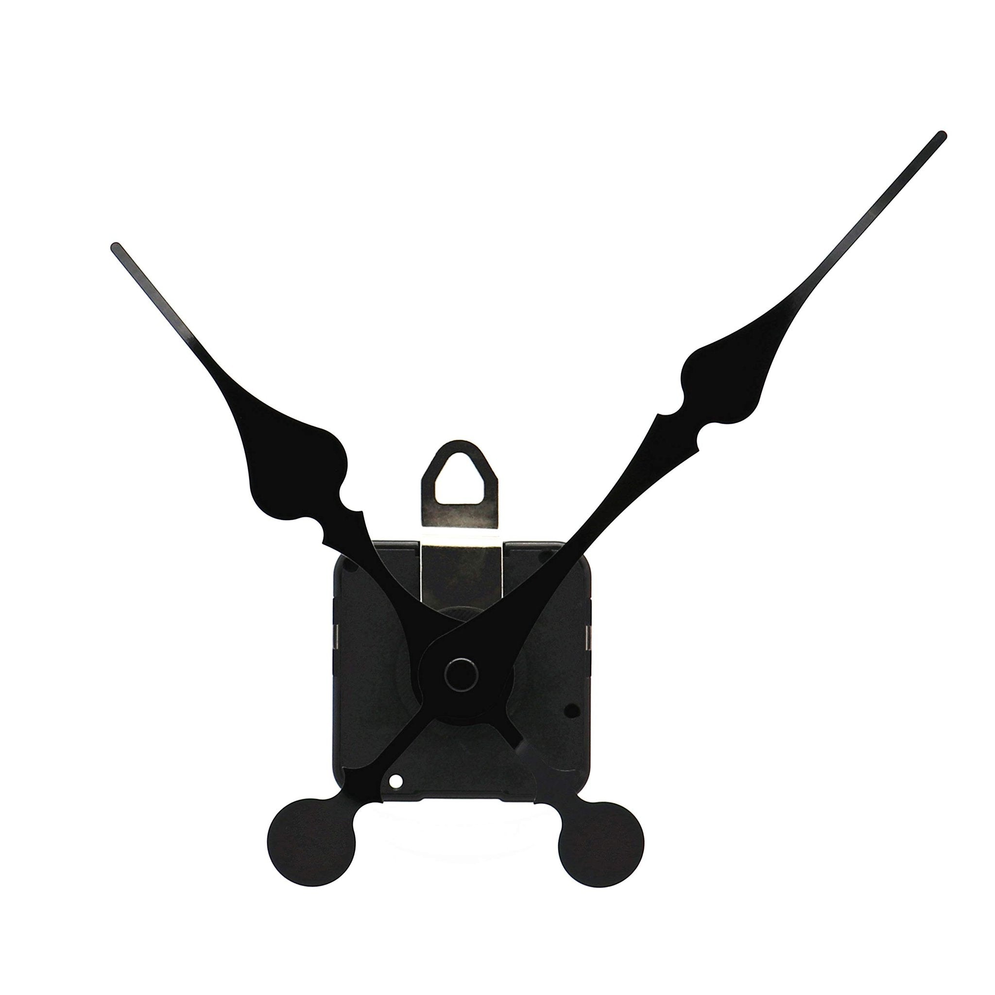 Black quartz clock movement mechanism with hour and minute hands against a white background.