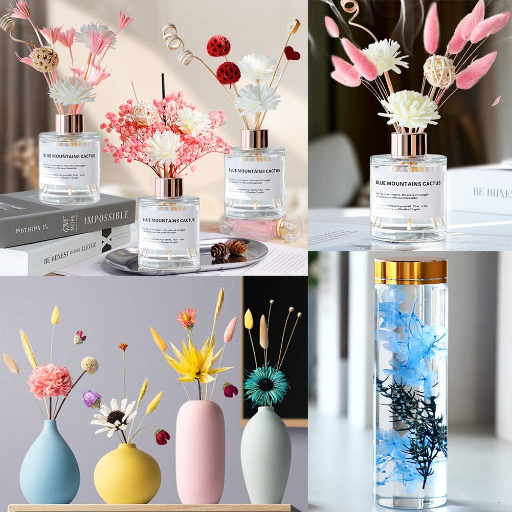 Collage of dried flowers in vases and bottles, some with decorative reeds.