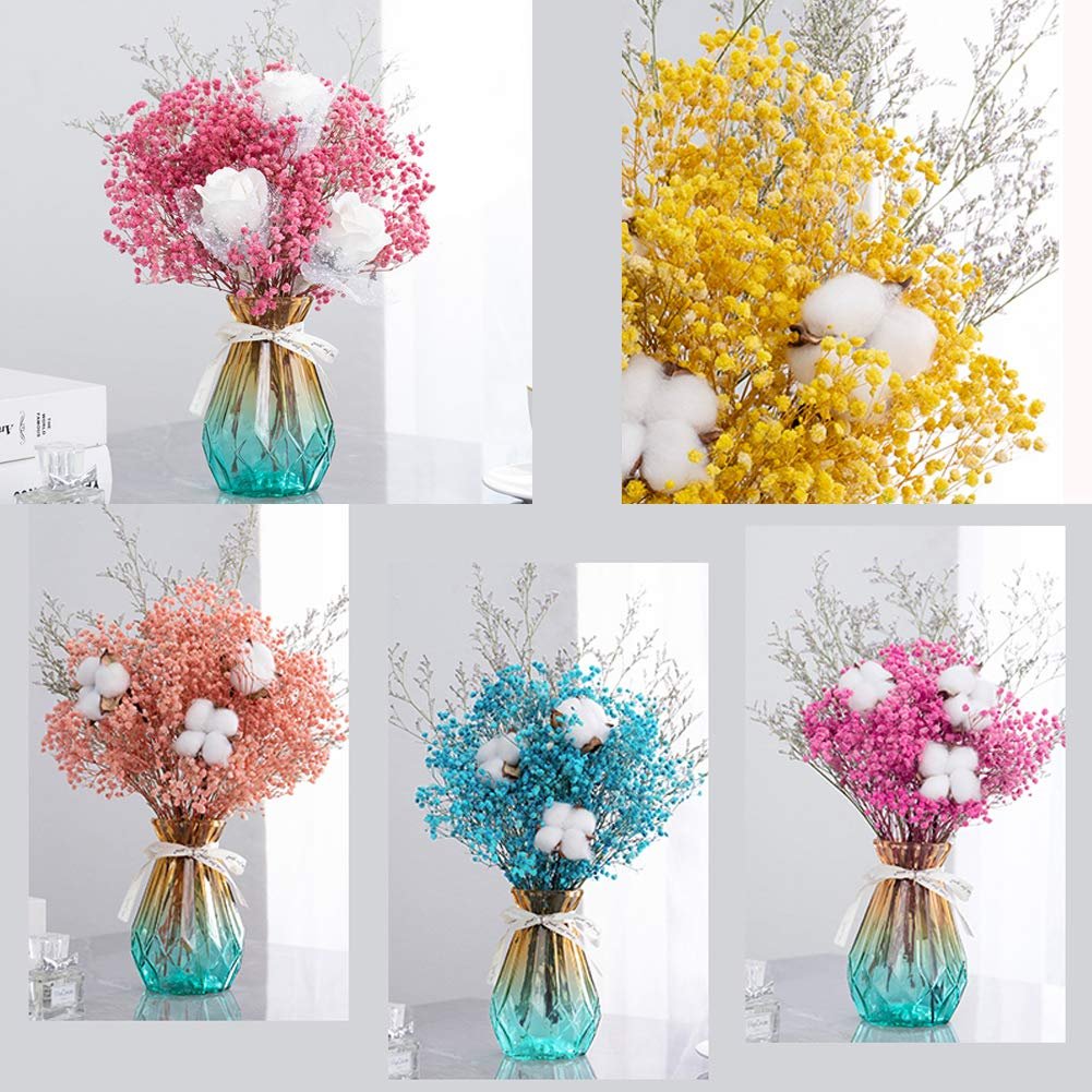 Collage of dried flower arrangements in vases: pink with white roses, yellow with cotton, coral, blue, and pink.