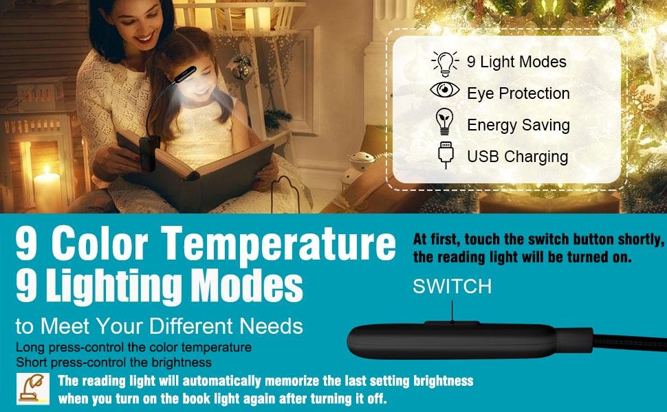 Mother and daughter reading a book with a clip-on light, featuring product details and features.
