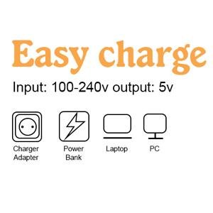 Diagram showing how to charge a device with text Easy charge, Input: 100-240v output: 5v, Charger Adapter, Power Bank, Laptop, PC