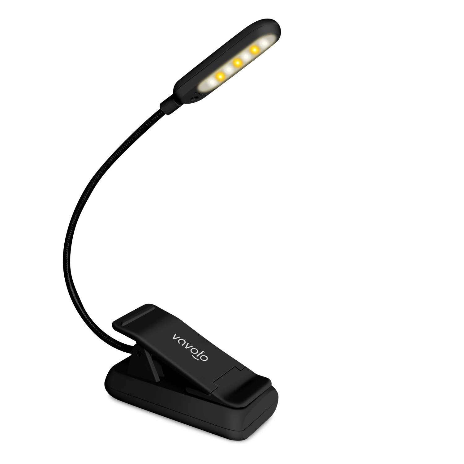 Black clip-on book light with flexible gooseneck and 7 LEDs, logo on clip