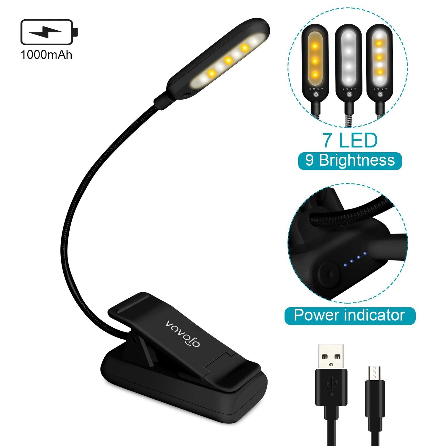 Black clip-on book light with 7 LEDs, showing battery indicator and USB charging cables.