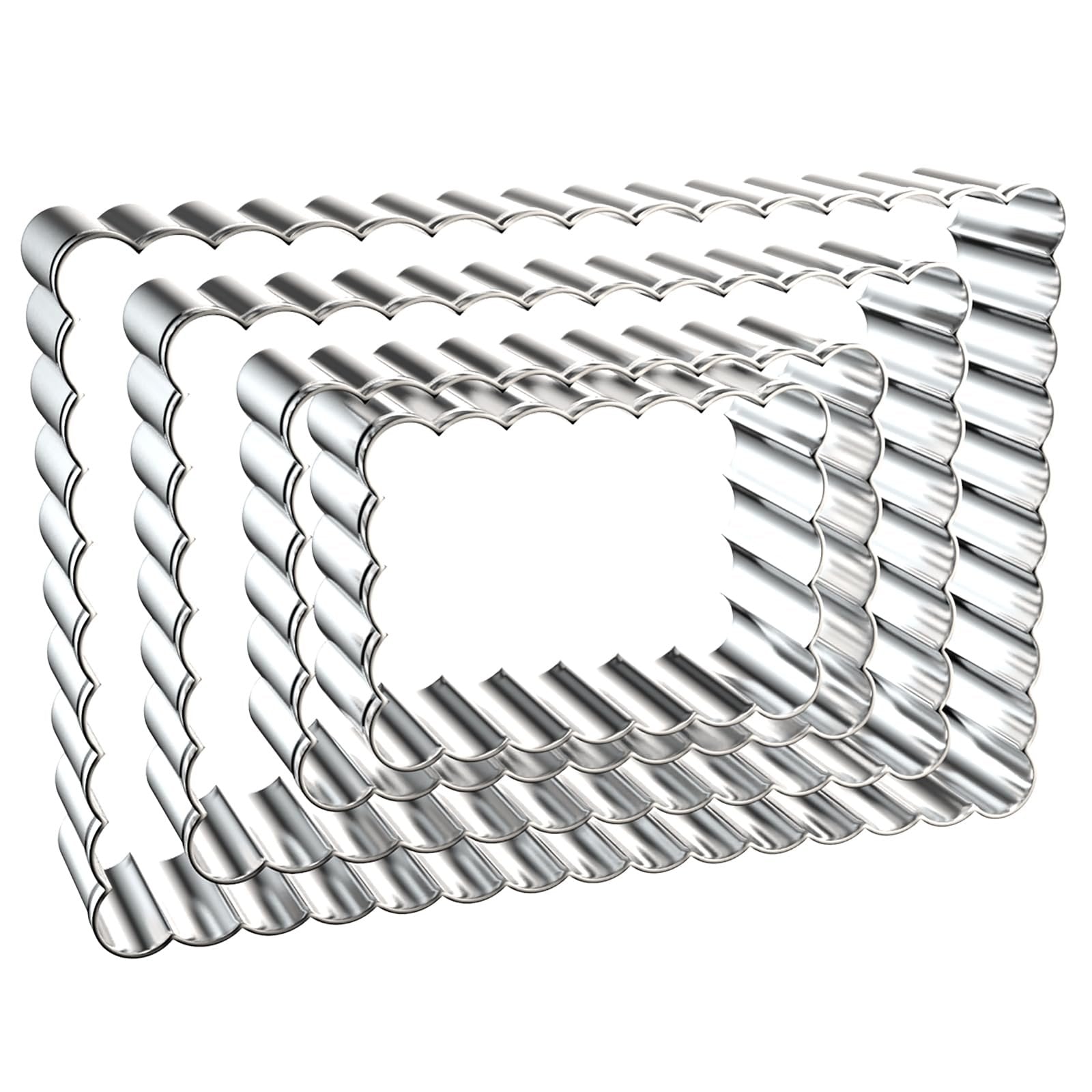 Set of four scalloped edge rectangle cookie cutters in graduated sizes, made of stainless steel.