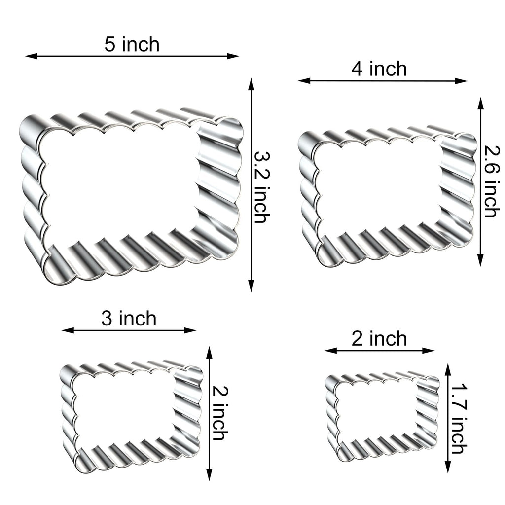 Four rectangular cookie cutters with scalloped edges, shown with dimensions indicated by arrows.