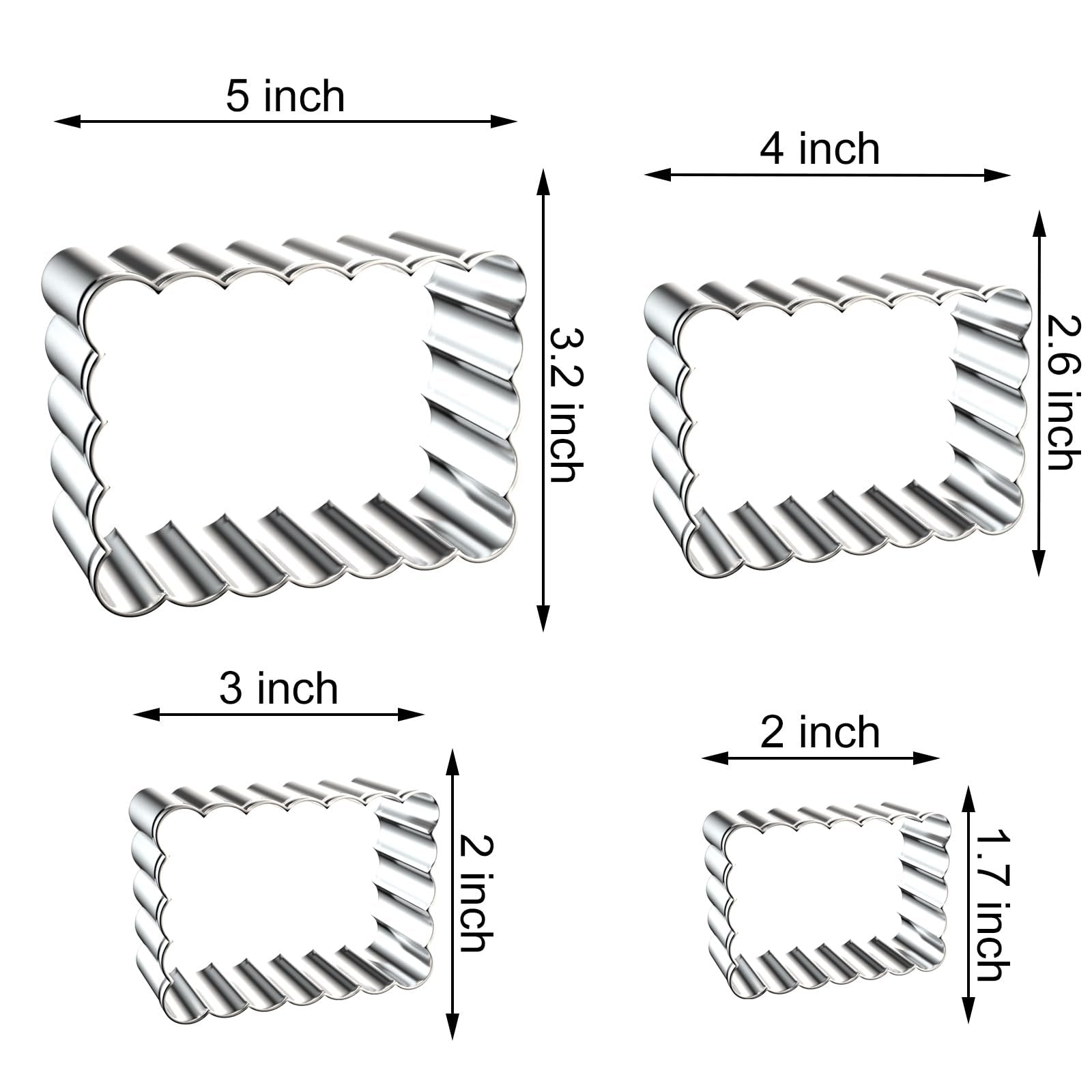 Four rectangular cookie cutters with scalloped edges, shown with dimensions indicated by arrows.