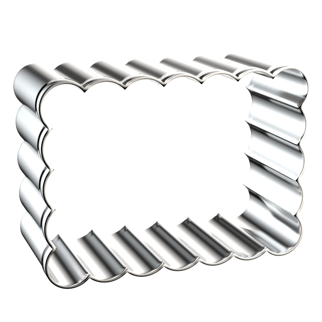 Stainless steel rectangle cookie cutter with scalloped edges, shown from an angled perspective on a white background.