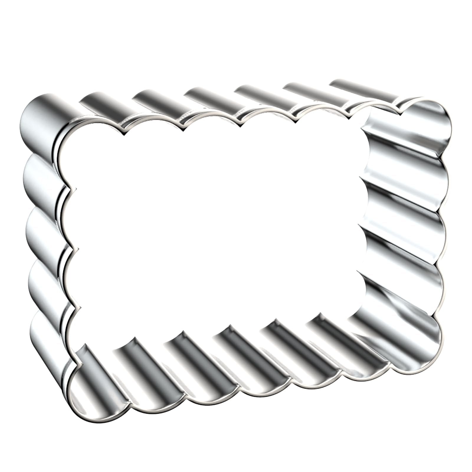 Stainless steel rectangle cookie cutter with scalloped edges, shown from an angled perspective on a white background.