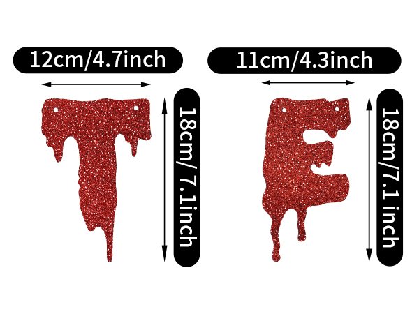 Red glitter paper letters with dripping effect, showing dimensions 12cm/4.7inch wide and 18cm/7.1inch tall.