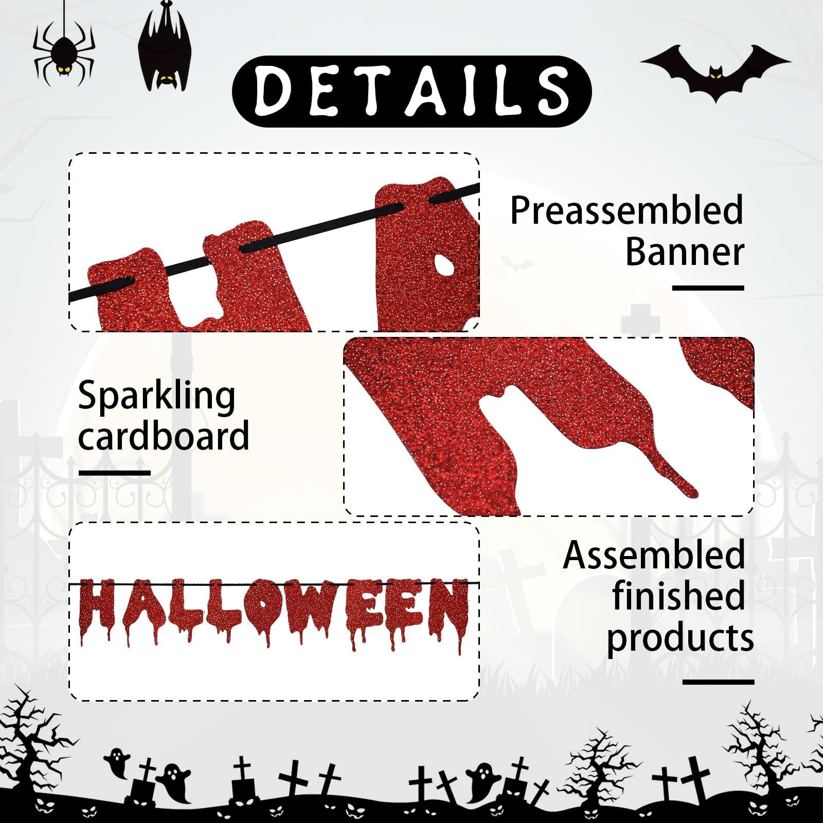 Red glitter paper bat banner with Halloween theme, showing details of sparkling cardboard and assembled banner.