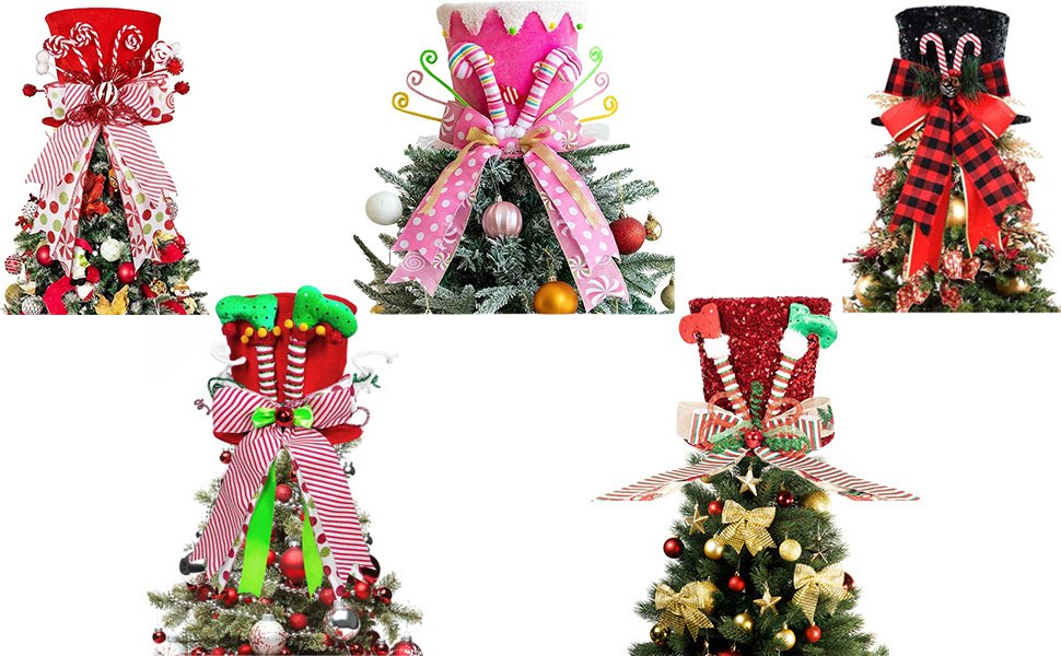Five different Christmas tree toppers shaped like hats with festive bows and embellishments.