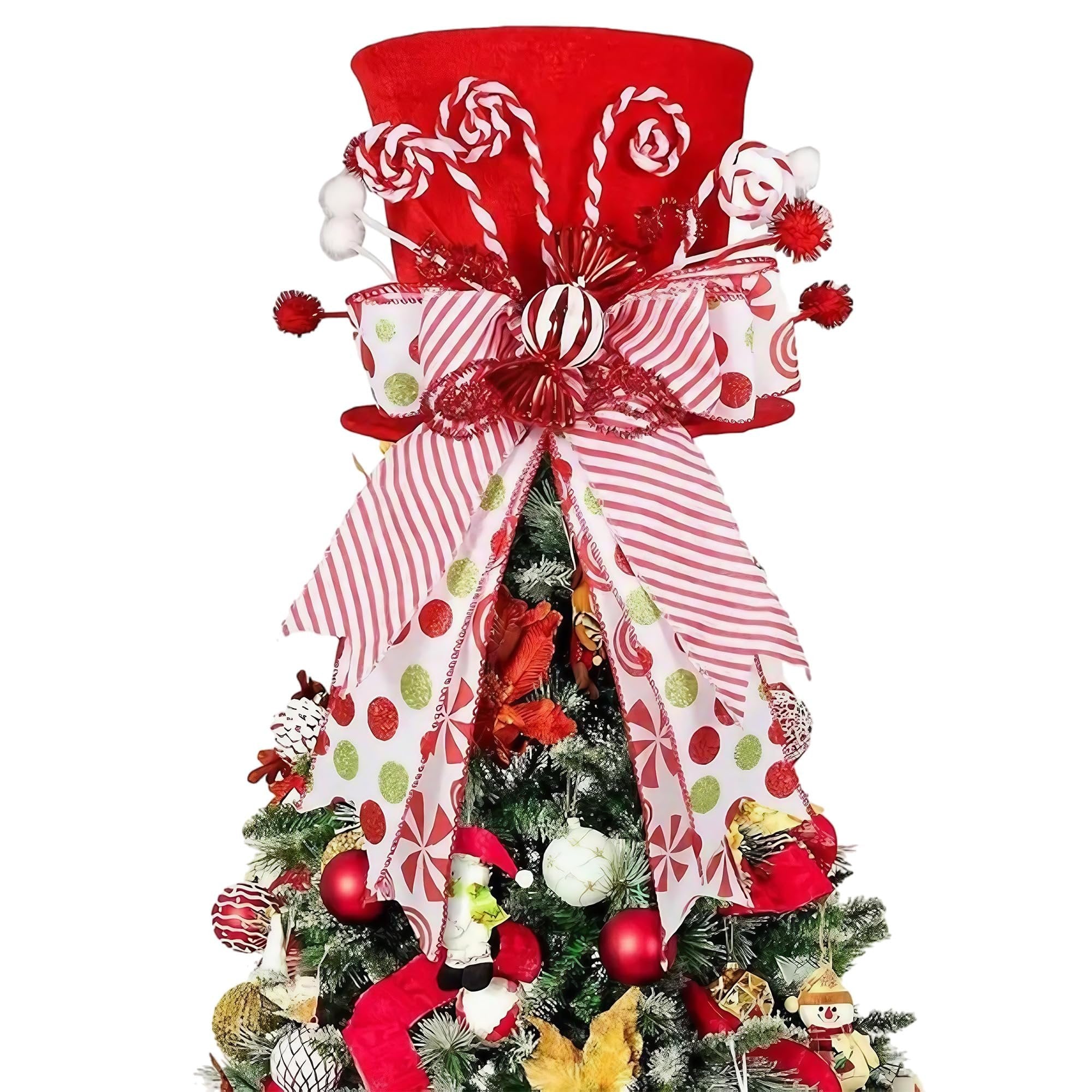 Red velvet candy cane Christmas tree topper hat with bow and ornaments on a decorated tree
