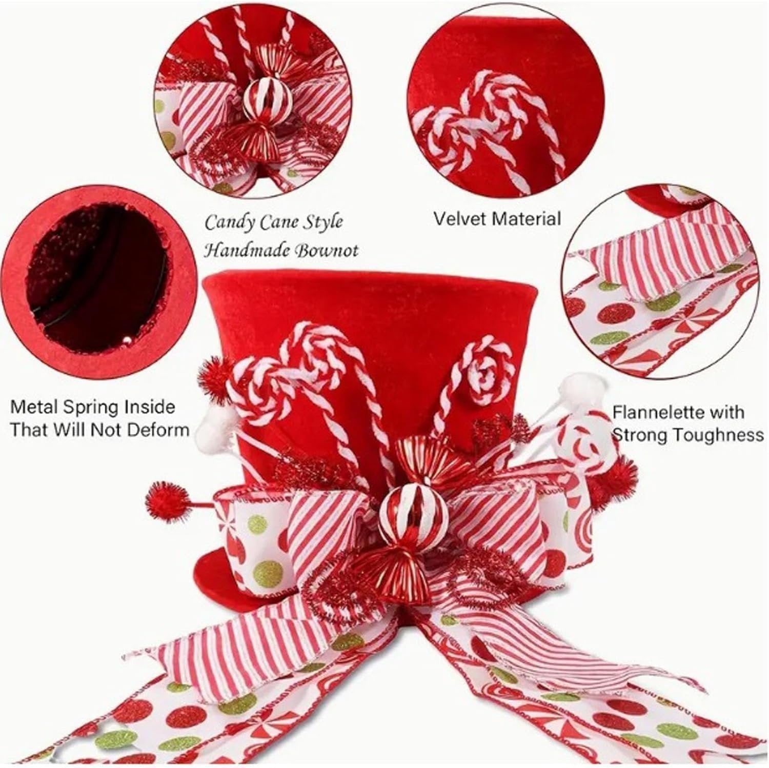 Red velvet top hat Christmas tree topper with candy cane accents and festive ribbon