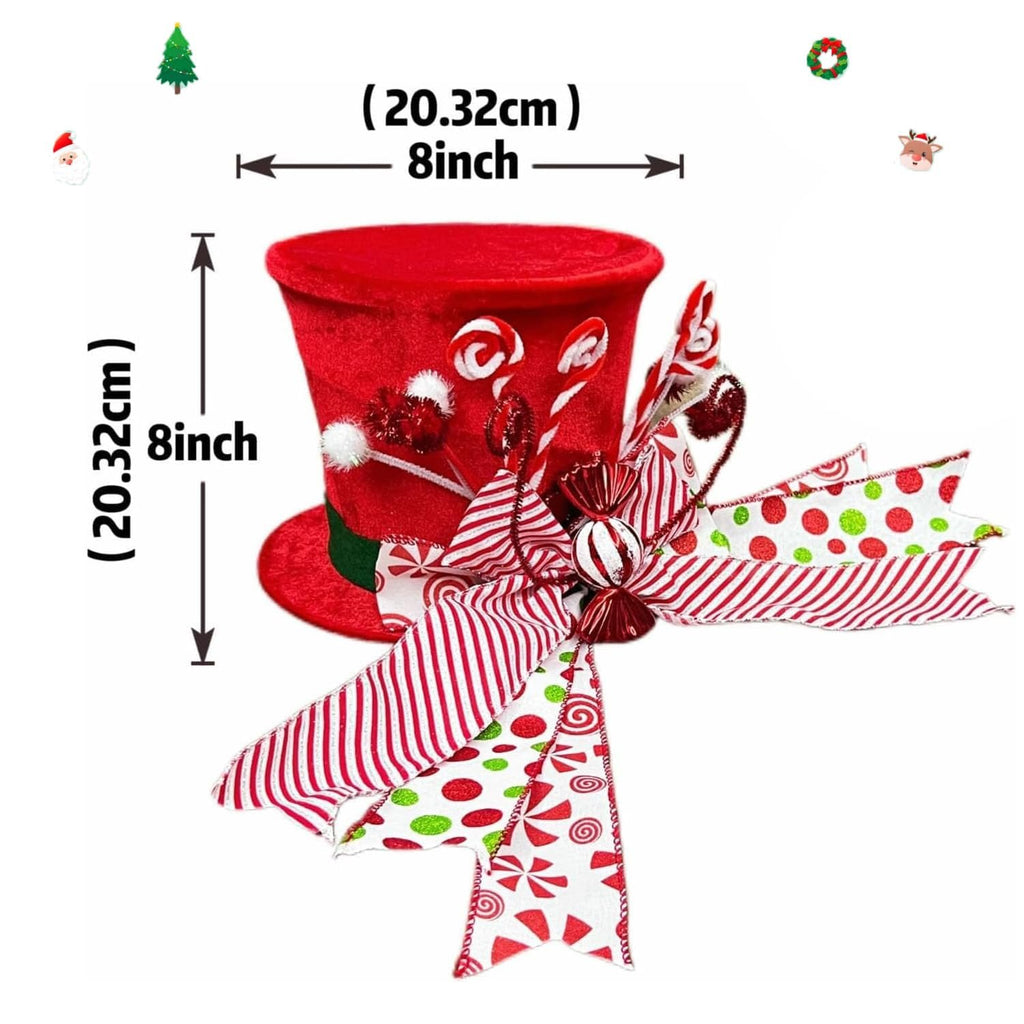 Red velvet top hat Christmas tree topper with candy cane accents and festive ribbons, showing dimensions.