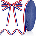 Red, white, and blue striped ribbon shown as a bow and a roll on a white background.