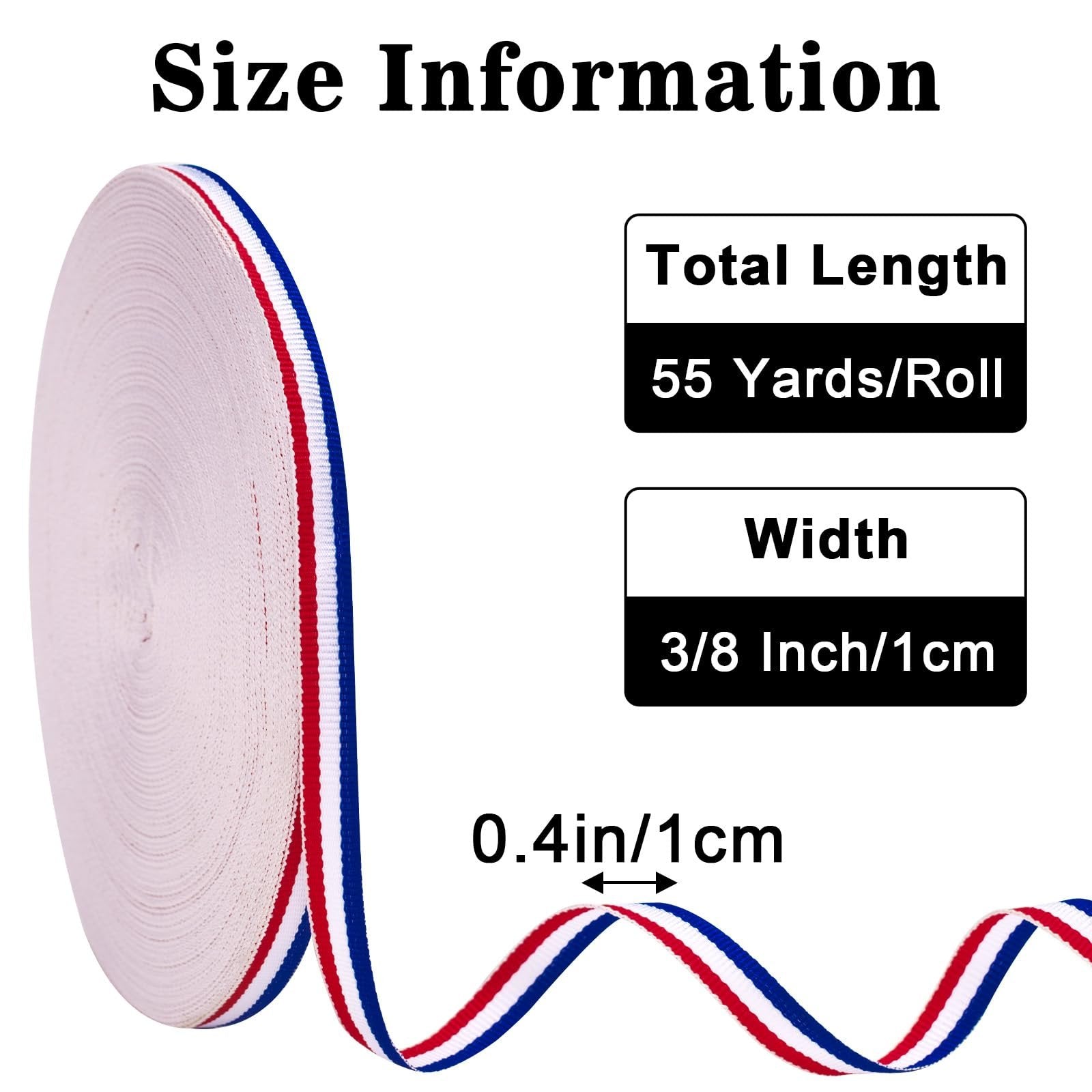 Roll of red, white, and blue striped grosgrain ribbon with size information graphics.