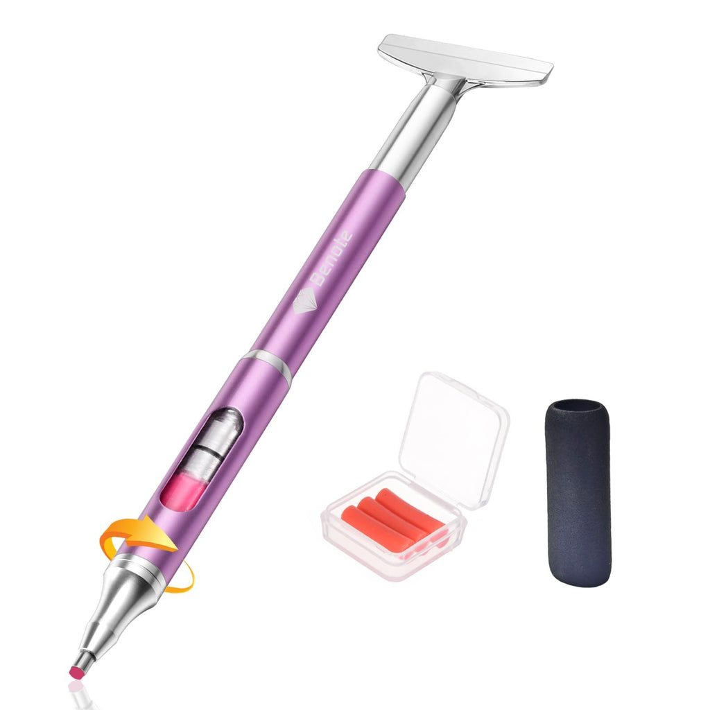 Purple diamond art pen with metal correction plate, wax refills in case, and grip sleeve on white background