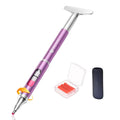 Purple diamond art pen with metal correction plate, wax refills in case, and grip sleeve on white background