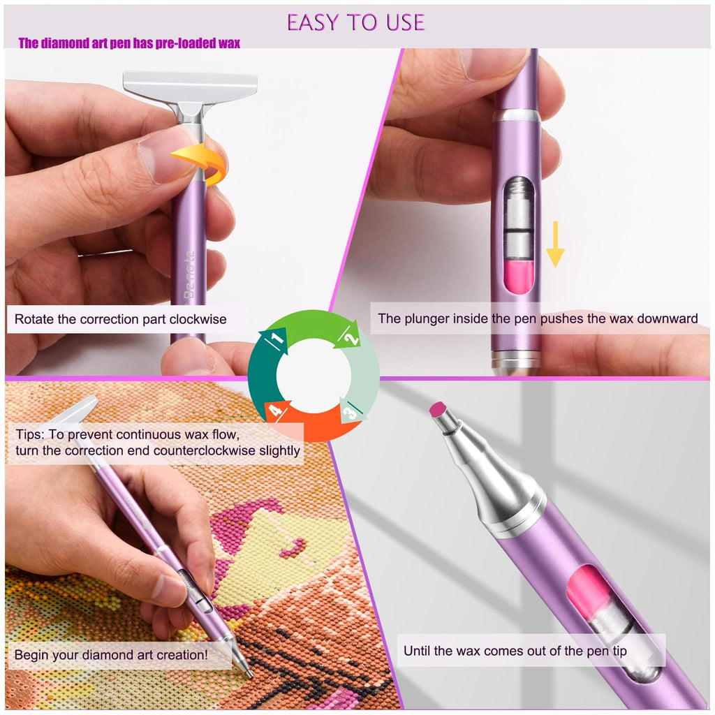 Collage showing how to use a refillable diamond art pen with wax, including close-ups of hands and the pen.