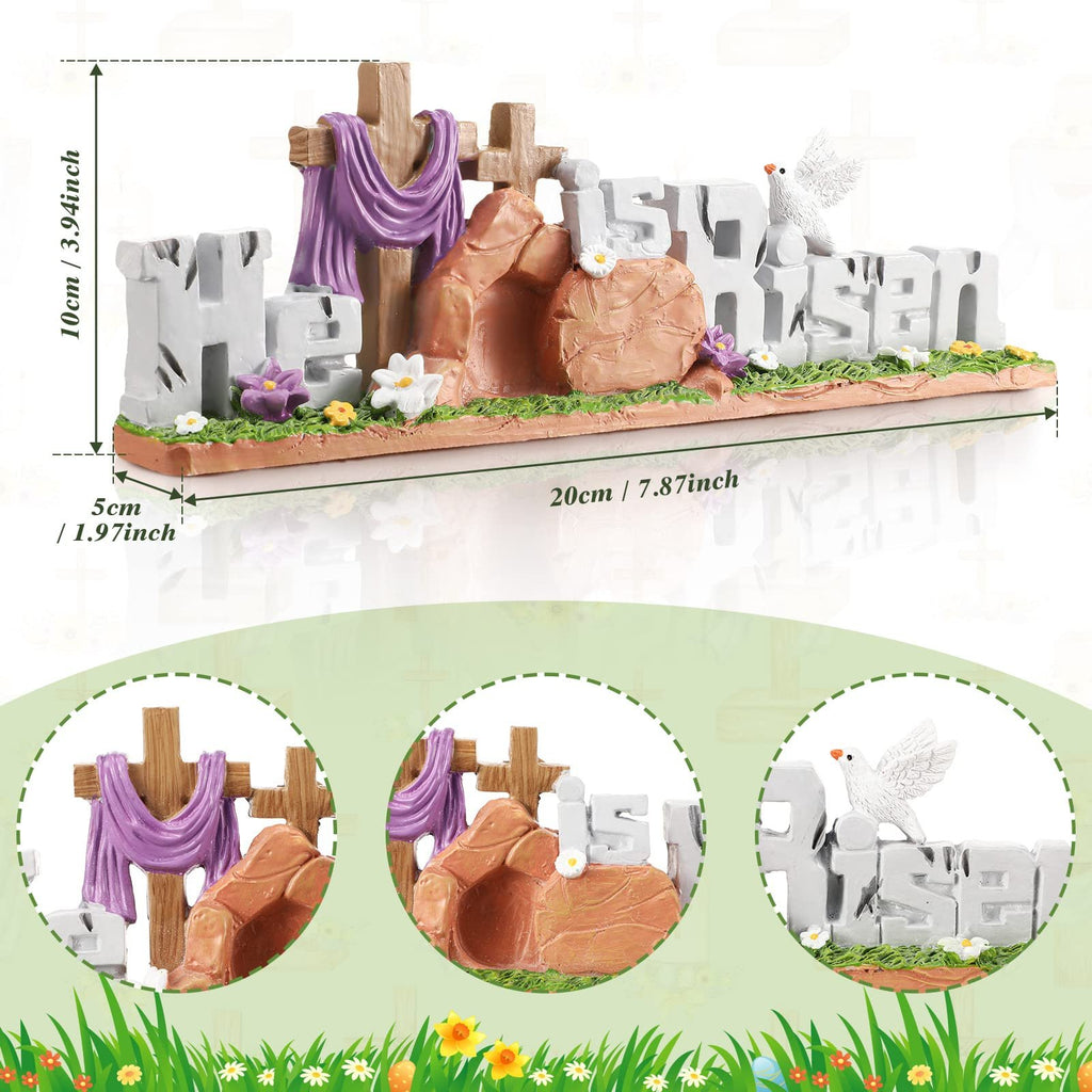 Easter figurine depicting crosses, tomb, and dove with text 'HE IS RISEN'. Includes dimensions.