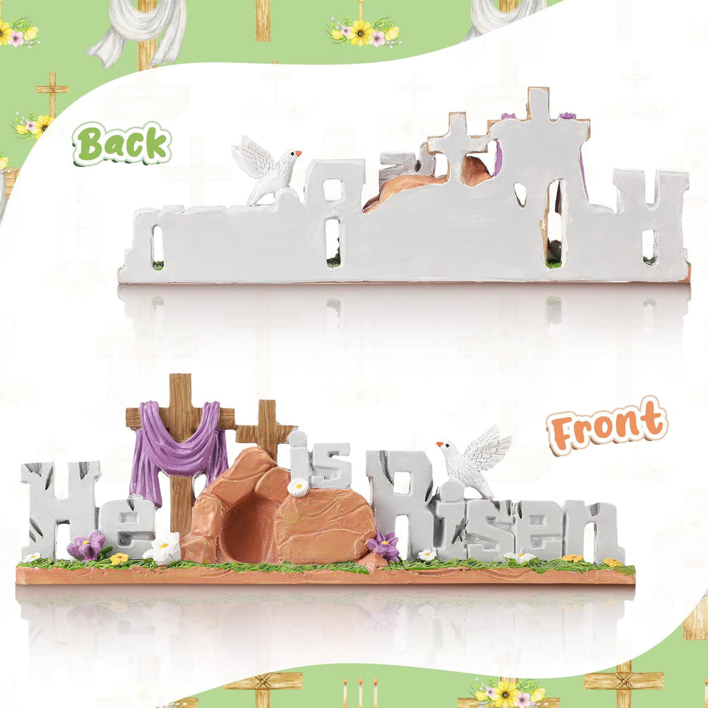 Easter figurine showing 'He is Risen' with crosses, tomb, and dove, front and back views