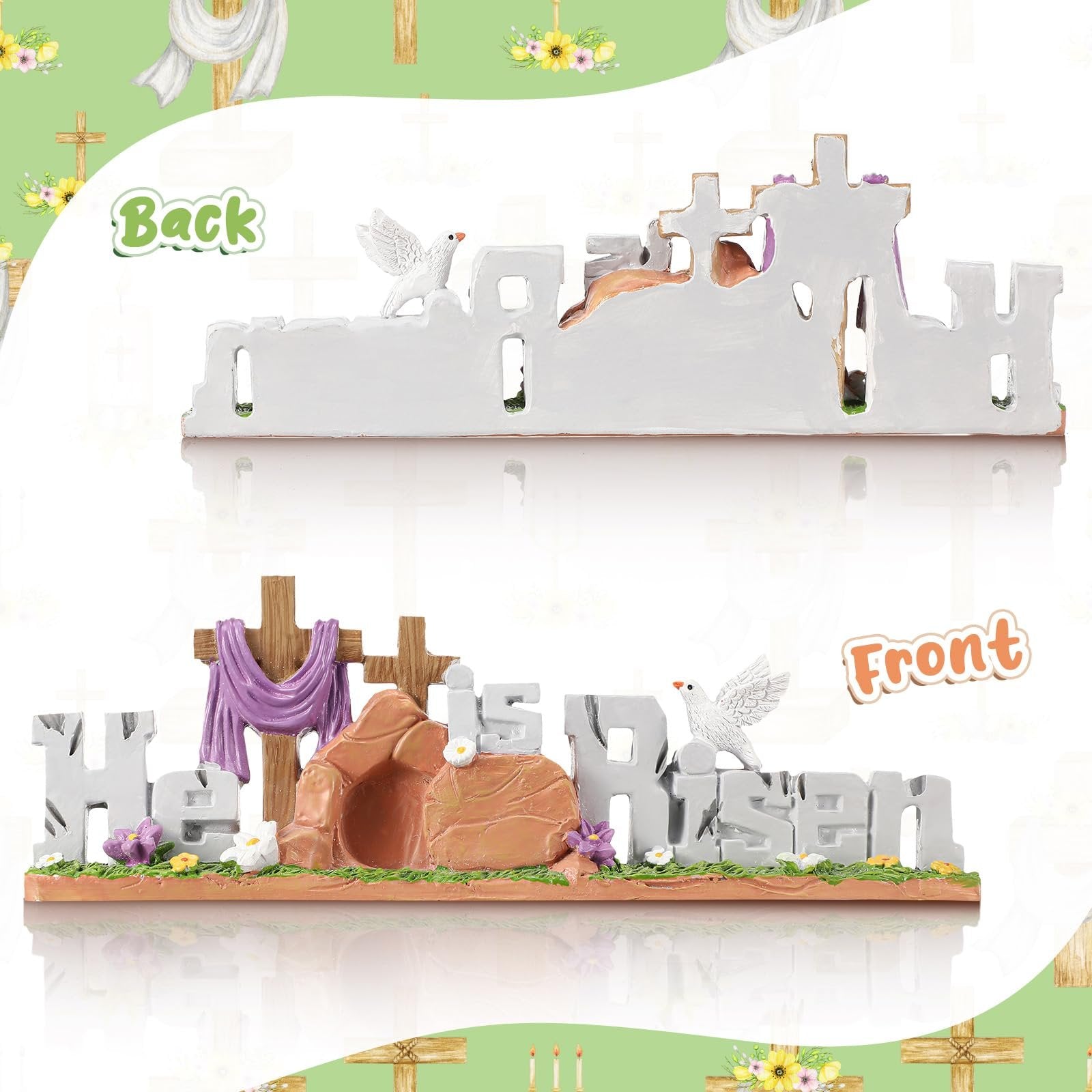 Easter figurine showing 'He is Risen' with crosses, tomb, and dove, front and back views