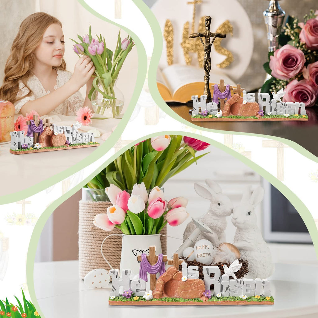Easter figurine with 'He is Risen' text, crosses, tomb, and dove, displayed with tulips and bunnies.