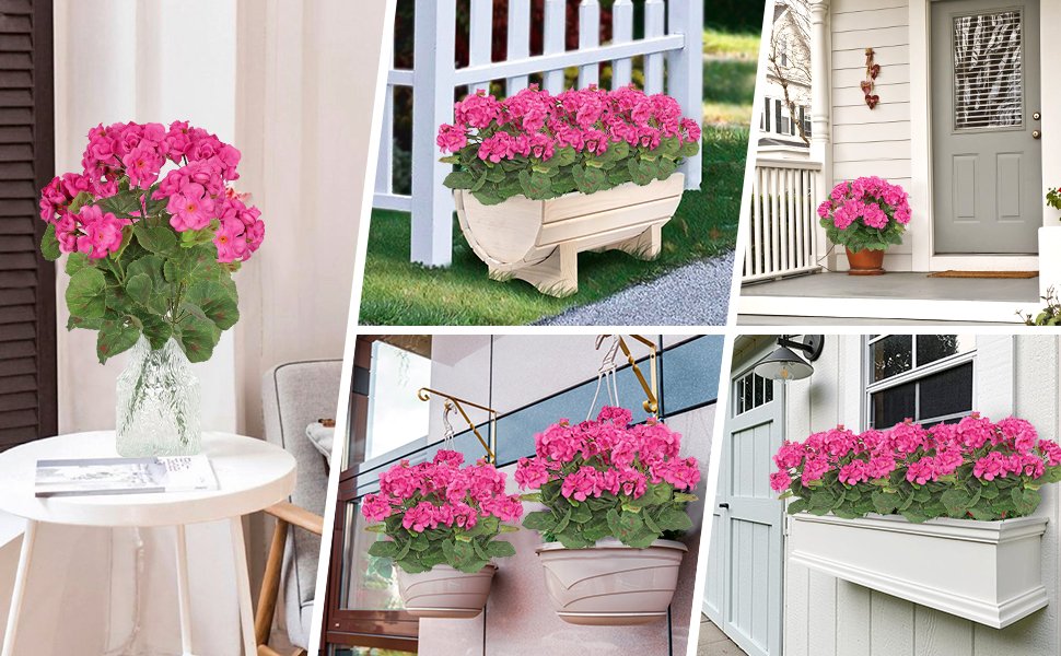 Collage of artificial pink geranium flowers in various outdoor and indoor settings, including a vase, planters, and window boxes.