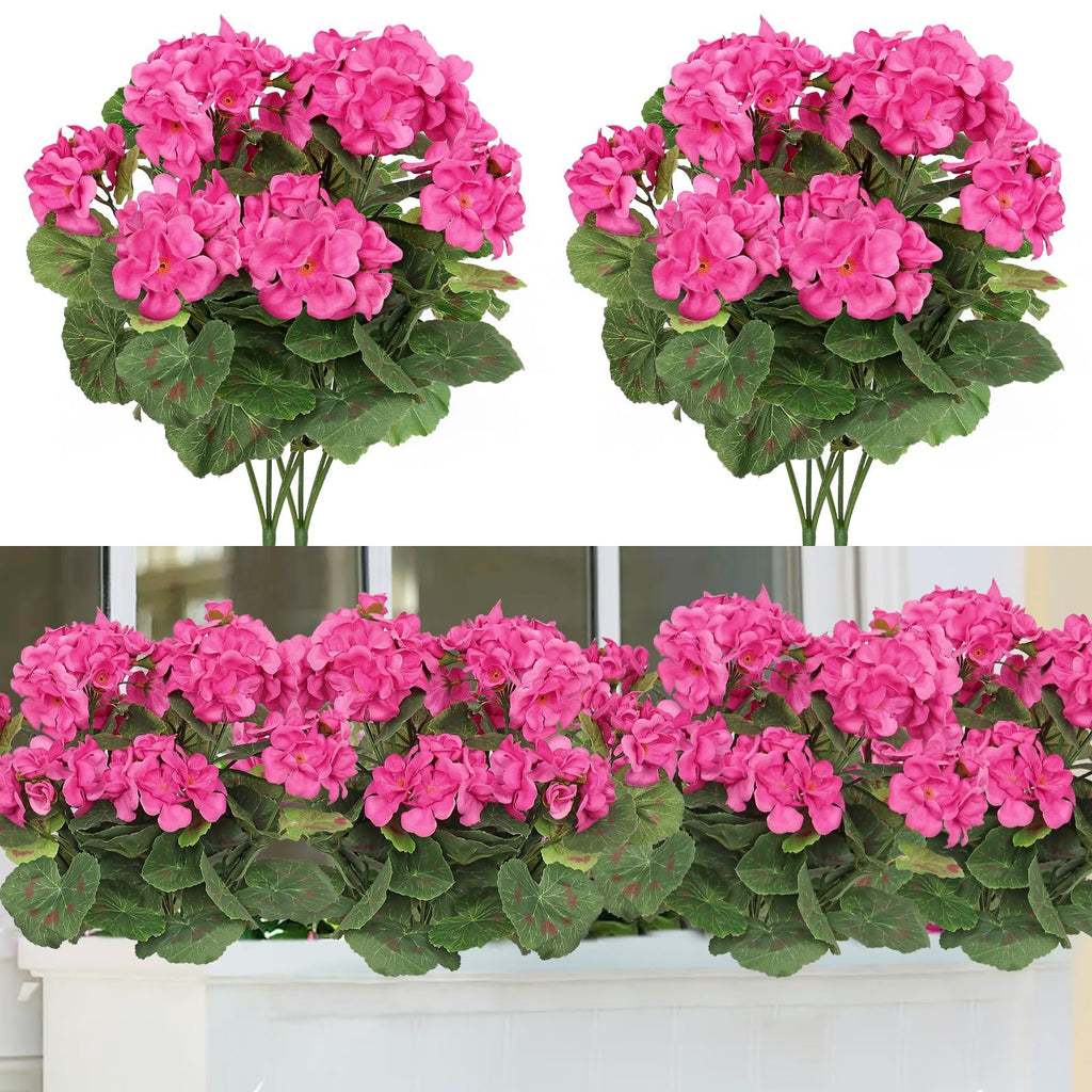 Two bundles of artificial rose red geranium silk flowers with green leaves, shown against a white background and then arranged in a window box.